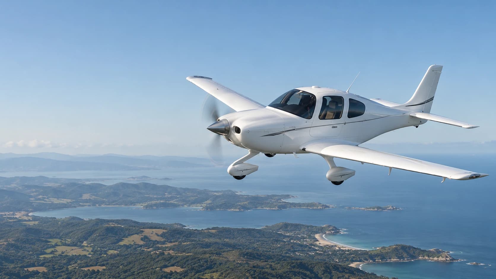 AI-generated illustration of a light aircraft in flight above a coastline