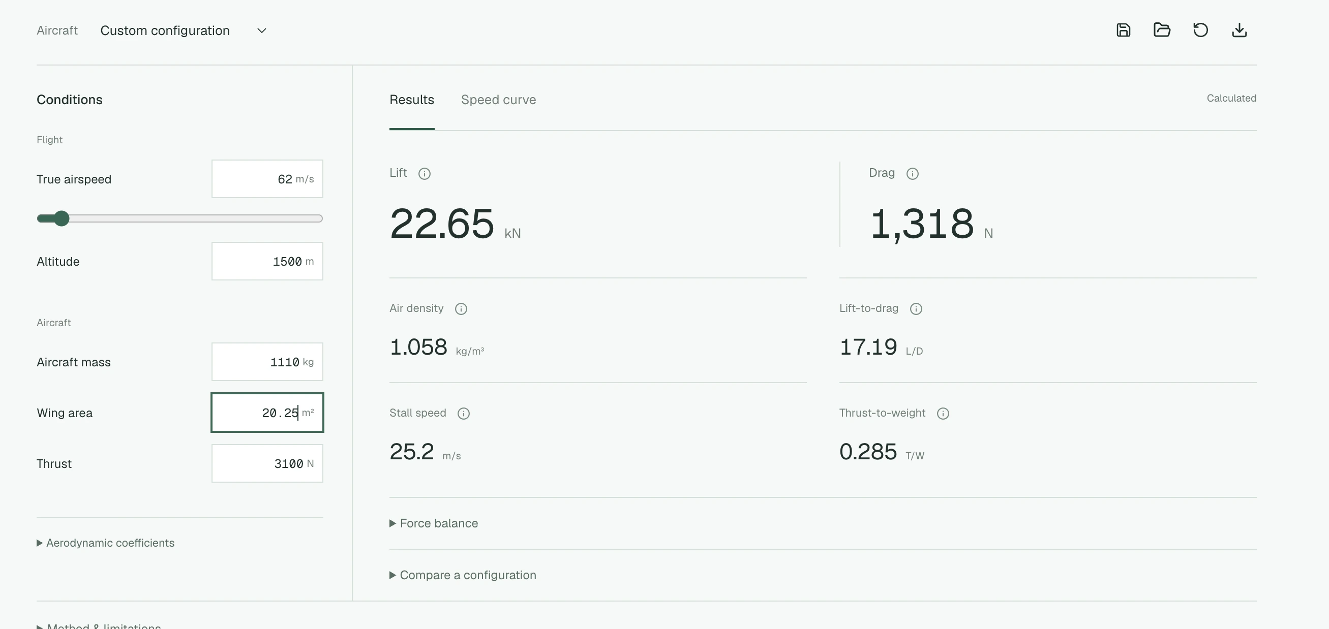 Calculator screenshot with wing area 20.25 square metres and estimated stall speed 25.2 metres per second